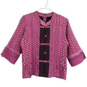 Womens Mandarin Collar Jacket Pink Ikat Woven Frog Button 3/4 Sleeve Ethnic XXL